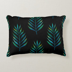 Green watercolor palm leaves on a black background accent pillow