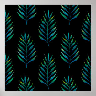 Green watercolor palm leaves on a black background poster