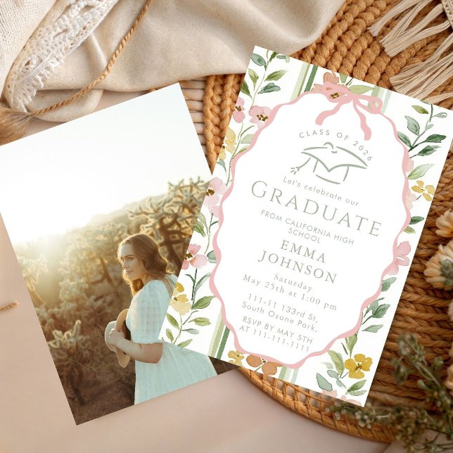  Green Watercolor Pastel Floral Graduation Party  Invitation (Creator Uploaded)