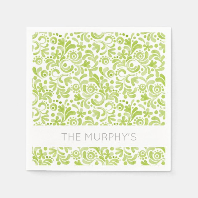 Green Watercolor Pattern NAME Lovely Spring Fun Napkins (Front)