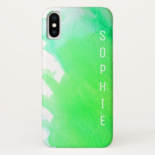 Green watercolor personalised name modern sleek iPhone XS case