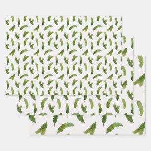Green Watercolor Pine Tree Branches Christmas Wrapping Paper Sheets