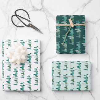 Green Watercolor Pine Tree Line Christmas Tree Wrapping Paper Sheets