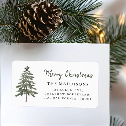 Green Watercolor Pine Tree Merry Christmas Address Label