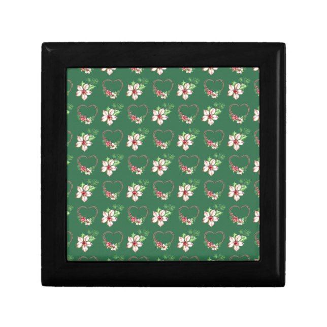 Green Watercolor Poinsettias & Hearts Jewelry Box (Front)
