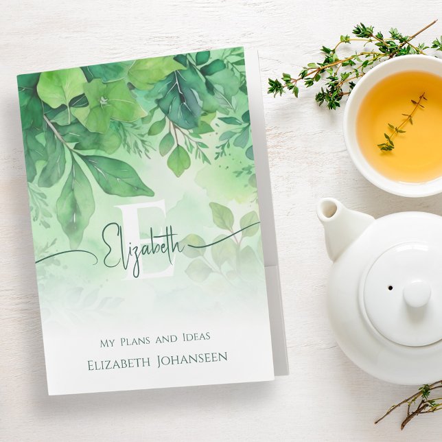 Green Watercolor Pretty Leaves Chic Monogrammed Pocket Folder (Creator Uploaded)