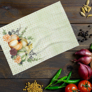Green Watercolor Pumpkin Gold Dots Autumn Kitchen Towel