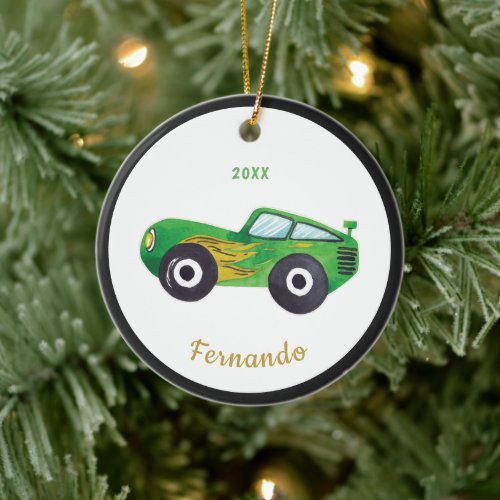 Green Watercolor Racing Car Name Dated Childish Ceramic Ornament