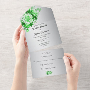 Green Watercolor Roses on Silver Wedding  All In One Invitation