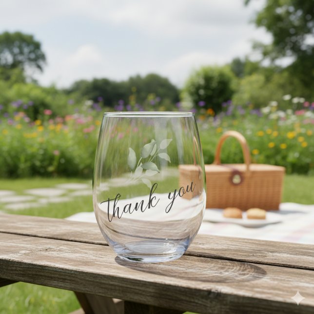 Green Watercolor Script Thank You Wedding  Stemless Wine Glass (Creator Uploaded)