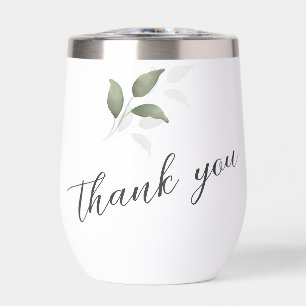 Green Watercolor Script Thank You Wedding Thermal Wine Tumbler