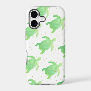 Green Watercolor Sea Turtles Pattern Gold Sparkles iPhone 17 Case