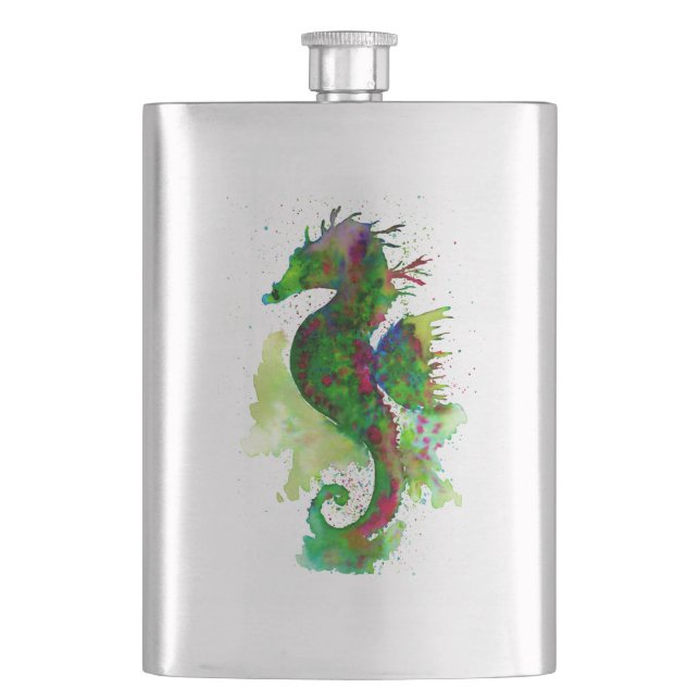Green Watercolor Seahorse Flask (Front)