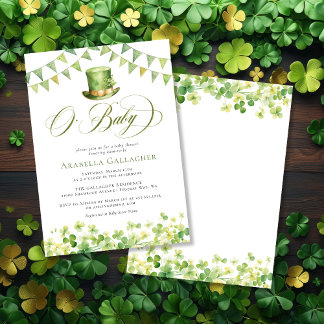 Green Watercolor Shamrock Baby Shower Invitation