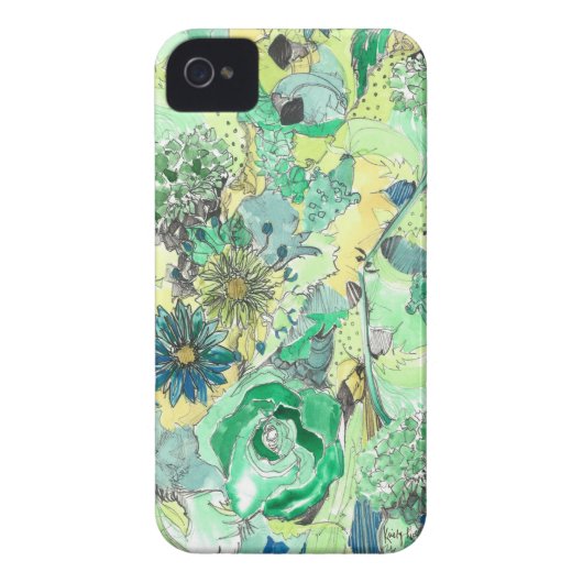 Green Watercolor Sketched Blooms iPhone Case (Back)