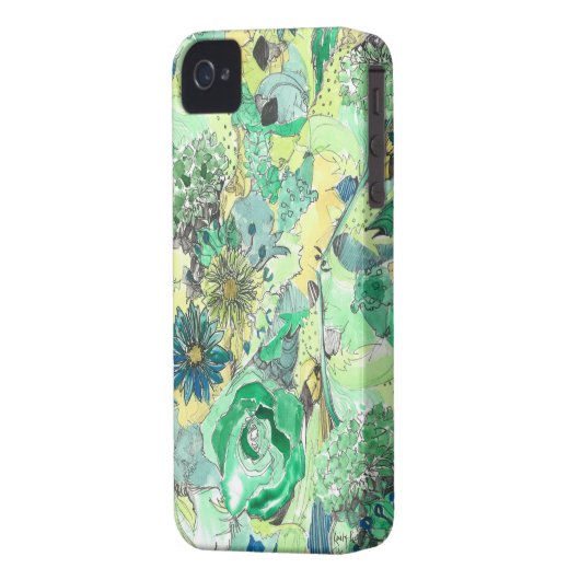 Green Watercolor Sketched Blooms iPhone Case (Back Left)
