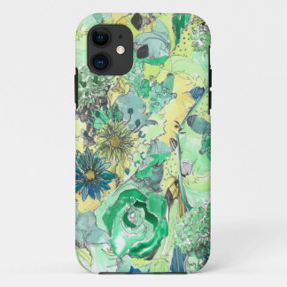 Green Watercolor Sketched Blooms iPhone Case