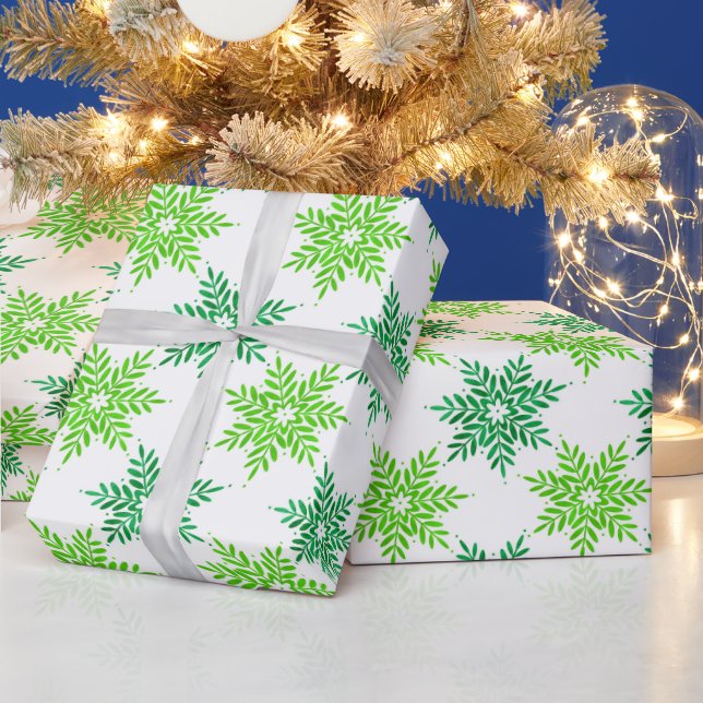 Green Watercolor Snowflake Pattern Wrapping Paper (Holidays)