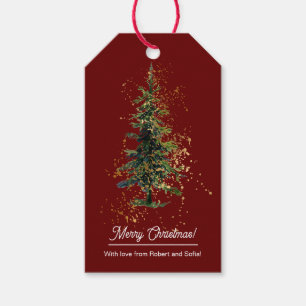 Green Watercolor Spruce Merry Christmas Red Gift Tags