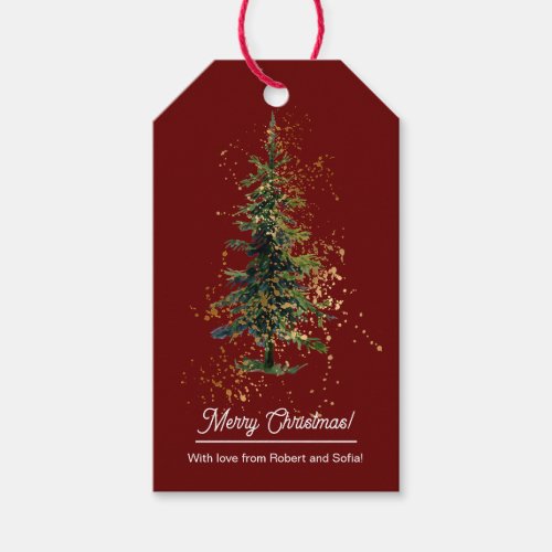 Green Watercolor Spruce Merry Christmas Red Gift Tags