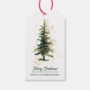 Green Watercolor Spruce Merry Christmas White Gift Tags