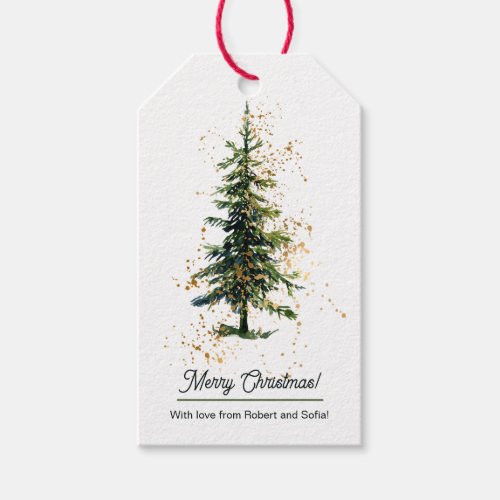 Green Watercolor Spruce Merry Christmas White  Gift Tags