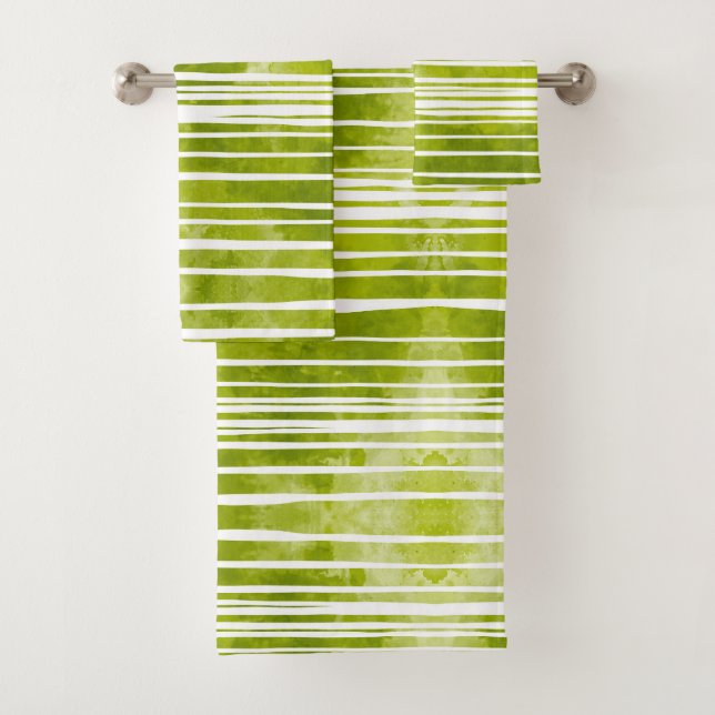 Green Watercolor Striped Modern Bath Towel Set (Insitu)