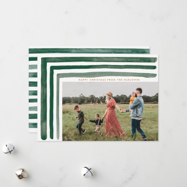 Green Watercolor Stripes Holiday Card (Front/Back In Situ)