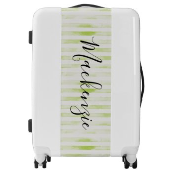 Green Watercolor Stripes Monogram Luggage by sweetzoeshop at Zazzle