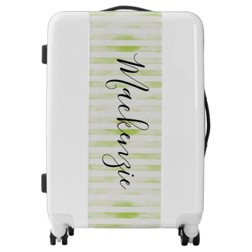 Green Watercolor Stripes Monogram Luggage