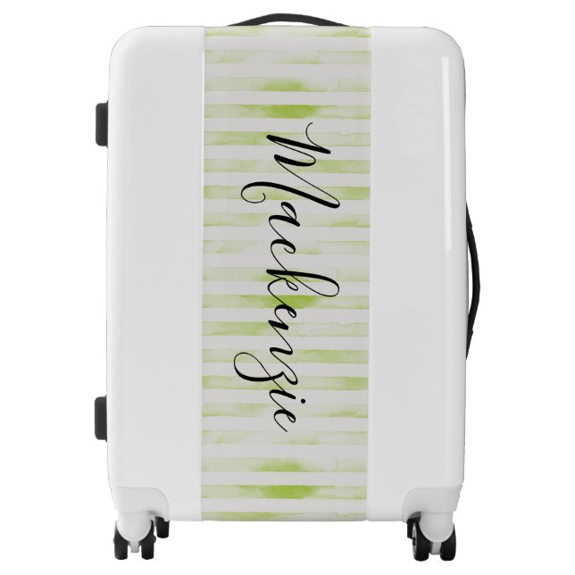 Green Watercolor Stripes Monogram Luggage (Front)