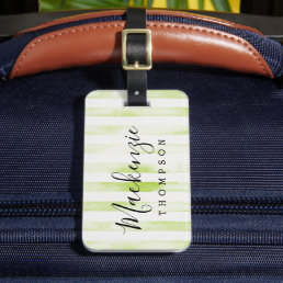 Green Watercolor Stripes Monogram Luggage Tag