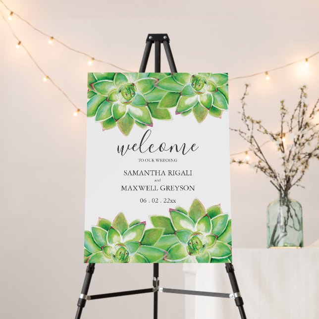 Green Watercolor Succulent Wedding Welcome Sign (In Situ (Stand))