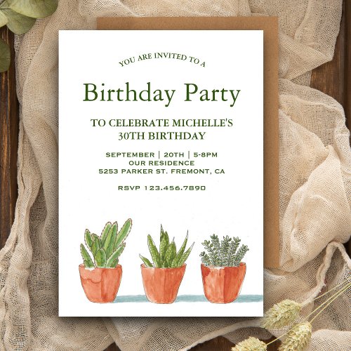 Green Watercolor Succulents Birthday Party Invitation