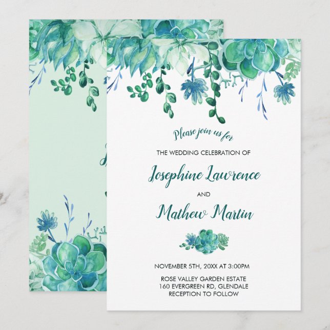 Green Watercolor Succulents Wedding Invitation (Front/Back)