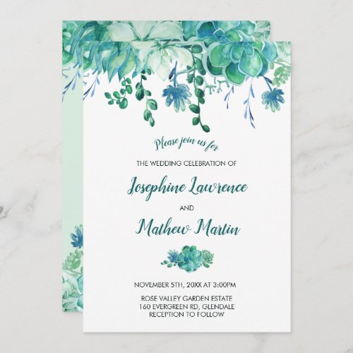 Green Watercolor Succulents Wedding Invitation