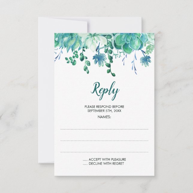 Green Watercolor Succulents Wedding Reply Cards (Front)