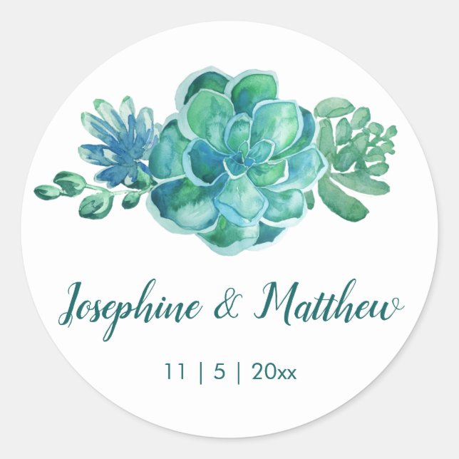Green Watercolor Succulents Wedding Stickers (Front)