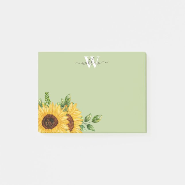 Green Watercolor Sunflower with Monogram Post-it Notes (Front)