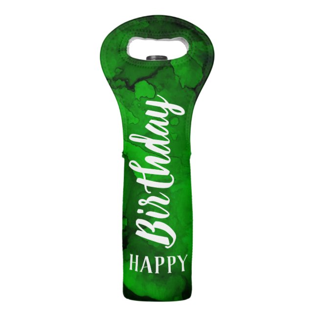 Green Watercolor Swirls Happy Birthday Wine Bag (Front)