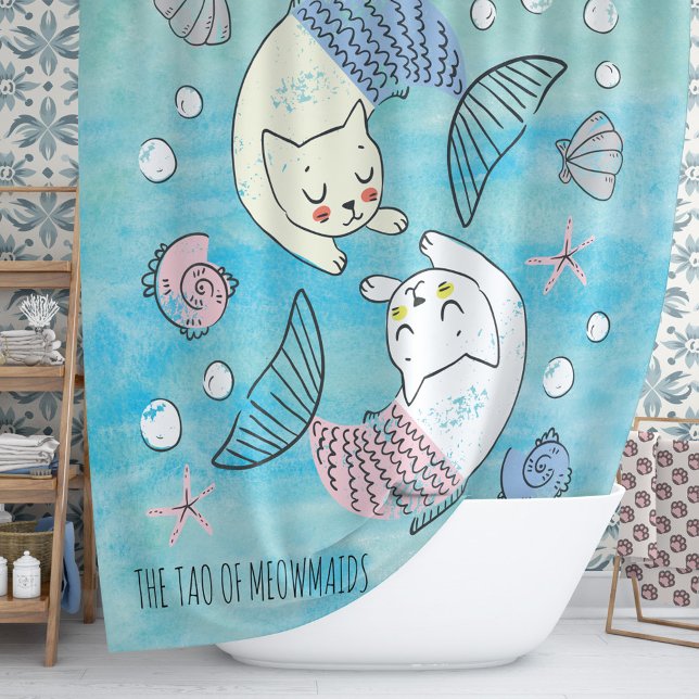 Green Watercolor Tao of Meowmaids Shower Curtain (Find your path to serenity with this inspiring shower curtain design featuring Cat mermaids.)