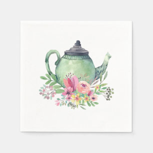 Green Watercolor Teapot and Floral Napkins