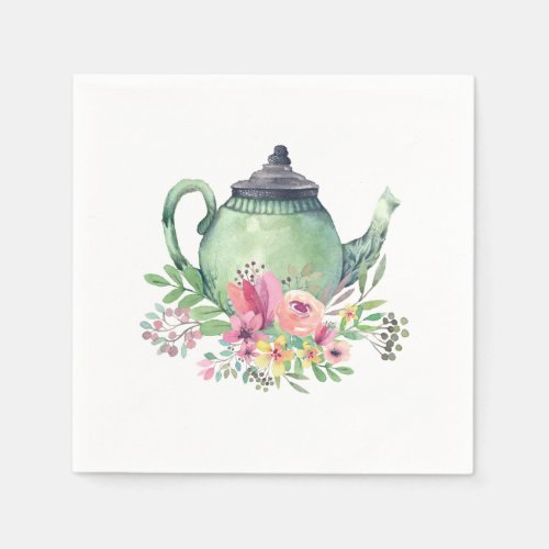 Green Watercolor Teapot and Floral Napkins