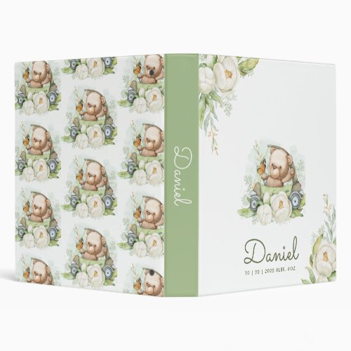 Green Watercolor Teddy Bear Personalized Baby Boy 3 Ring Binder