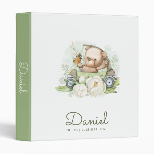 Green Watercolor Teddy Bear Personalized Baby Boy 3 Ring Binder