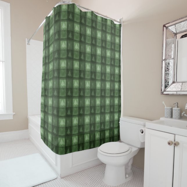 Green Watercolor Texture Plaid And Trees Christmas Shower Curtain (In Situ)