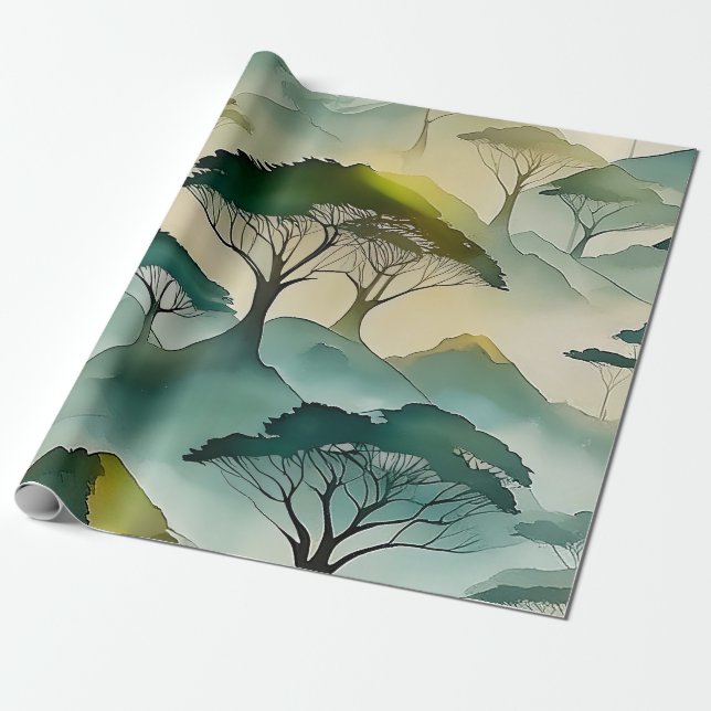 Green Watercolor Themed Trees And Hill Landscape  Wrapping Paper (Unrolled)