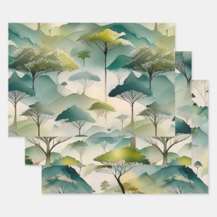 Green Watercolor Themed Trees And Hill Landscape Wrapping Paper Sheets