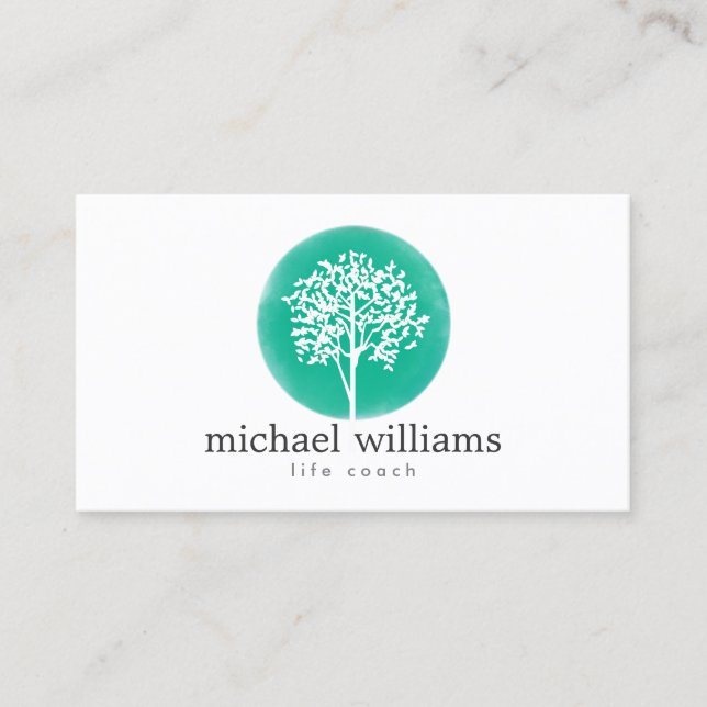 Green Watercolor Tree Life Coach, Counselors Business Card (Front)