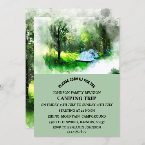 Green Watercolor Tree Tent Camping Family Reunion  Invitation